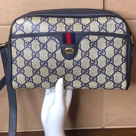 GUCCI GG Ophidia Sherry Line Navy Leather Grey Canvas Crossbody Bag Vintage - Picture 1 of 17